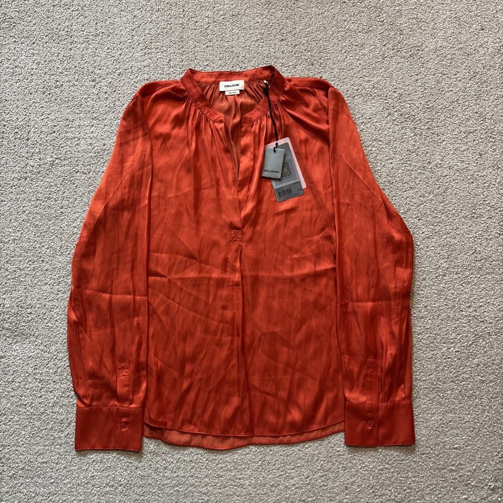 Zadig & Voltaire Sz Small Tink Satin Womens Blouse Tangerine Orange Split V $298